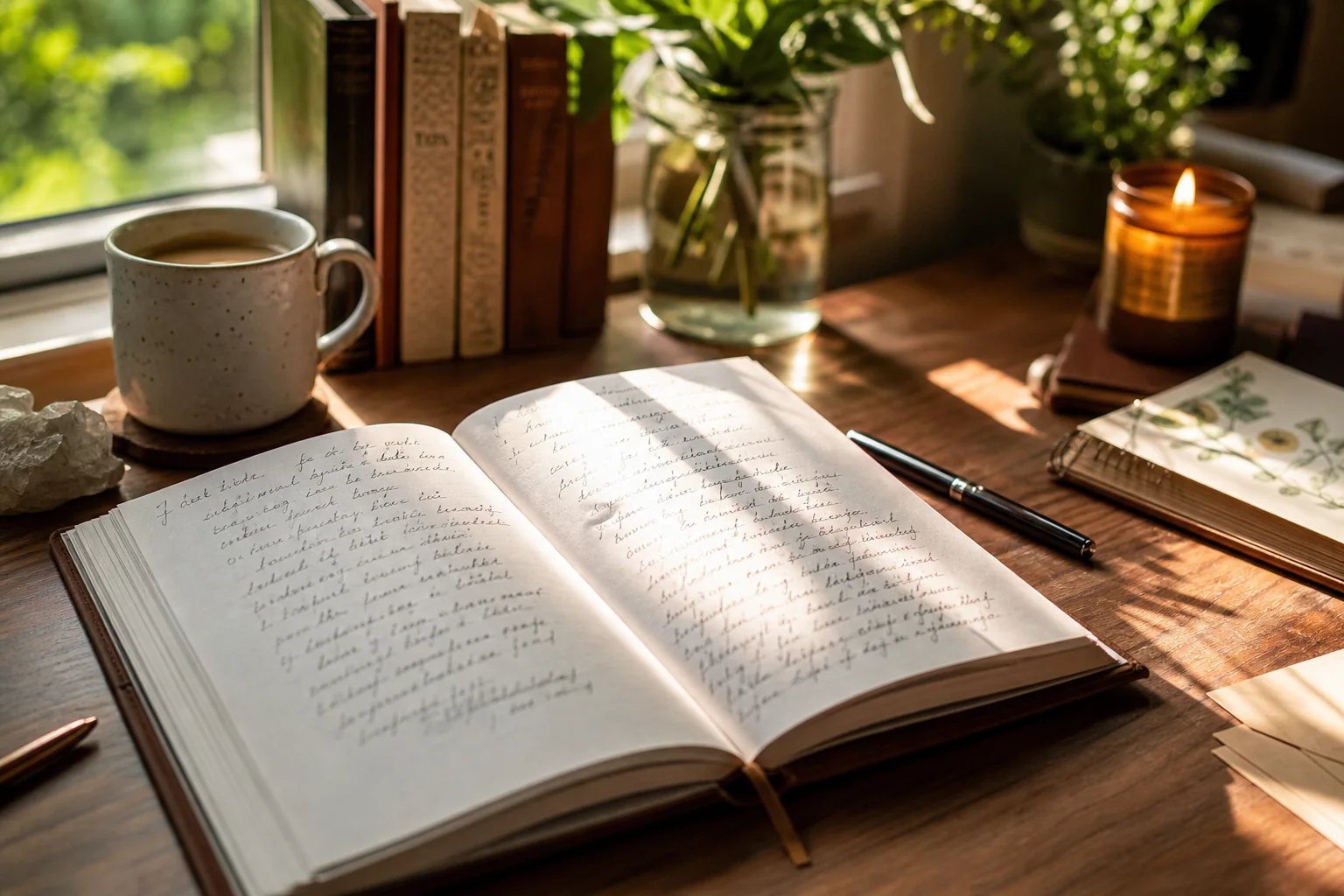 sunny reading nook, books, handwritten journal with an open writing journal